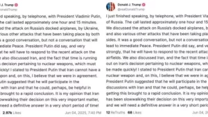 Tramp o‘chirgan Putin bilan suhbat haqidagi postini qayta joyladi